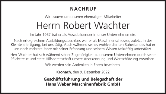 Anzeige von Robert Wachter von MGO