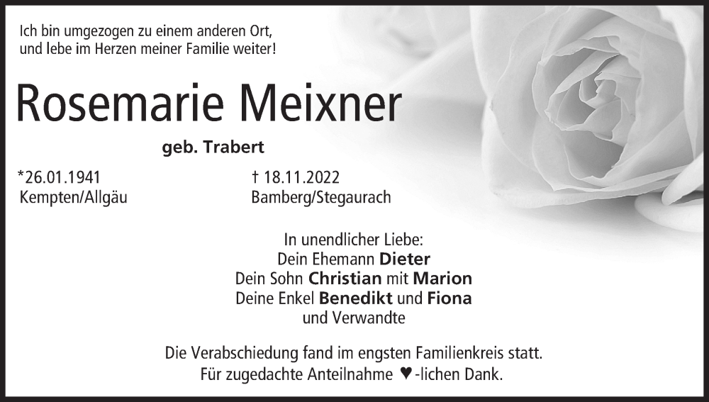  Traueranzeige für Rosemarie Meixner vom 03.12.2022 aus MGO