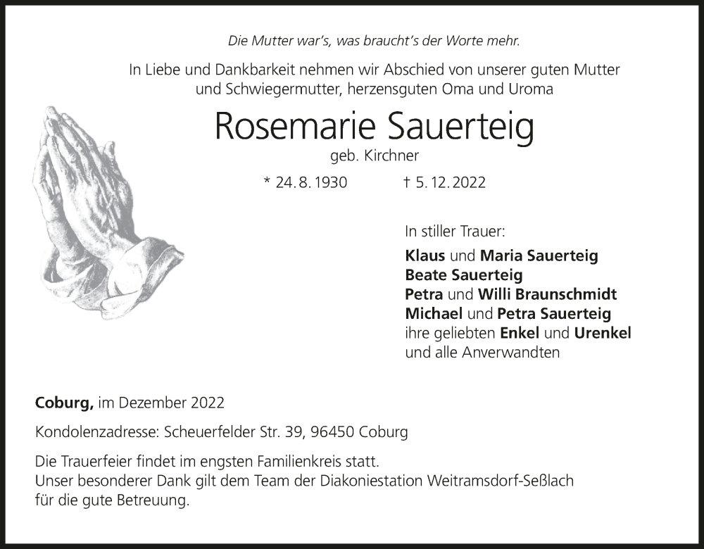  Traueranzeige für Rosemarie Sauerteig vom 10.12.2022 aus MGO