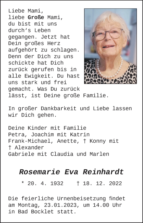 Anzeige von Rosemarie Eva Reinhardt von MGO