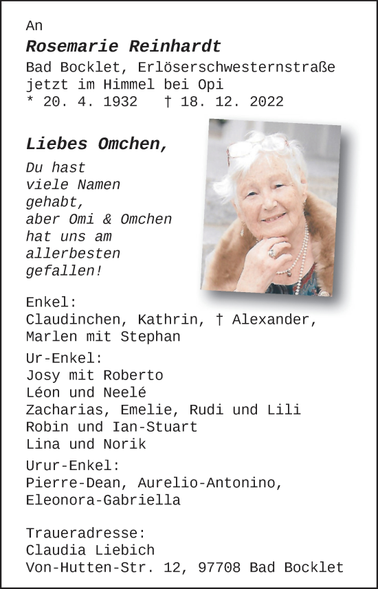 Anzeige von Rosemarie Eva Reinhardt von MGO