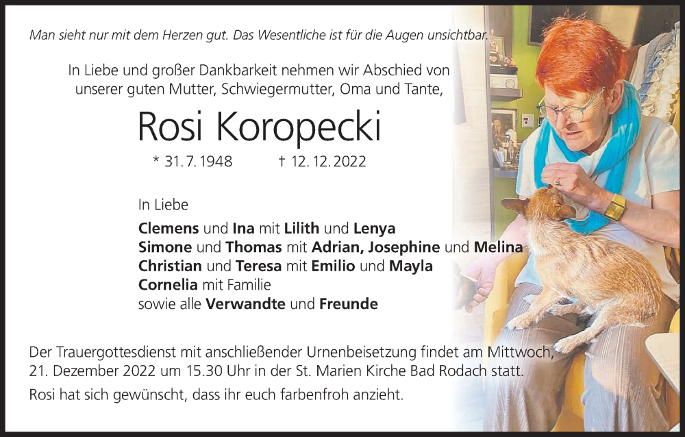  Traueranzeige für Rosi Koropecki vom 17.12.2022 aus MGO