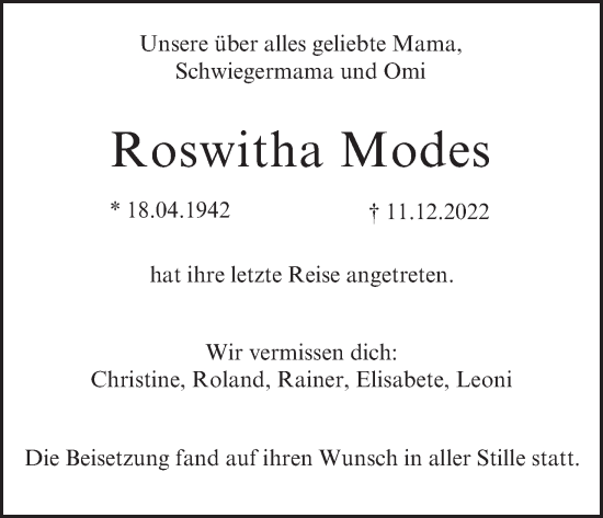 Anzeige von Roswitha Modes von MGO