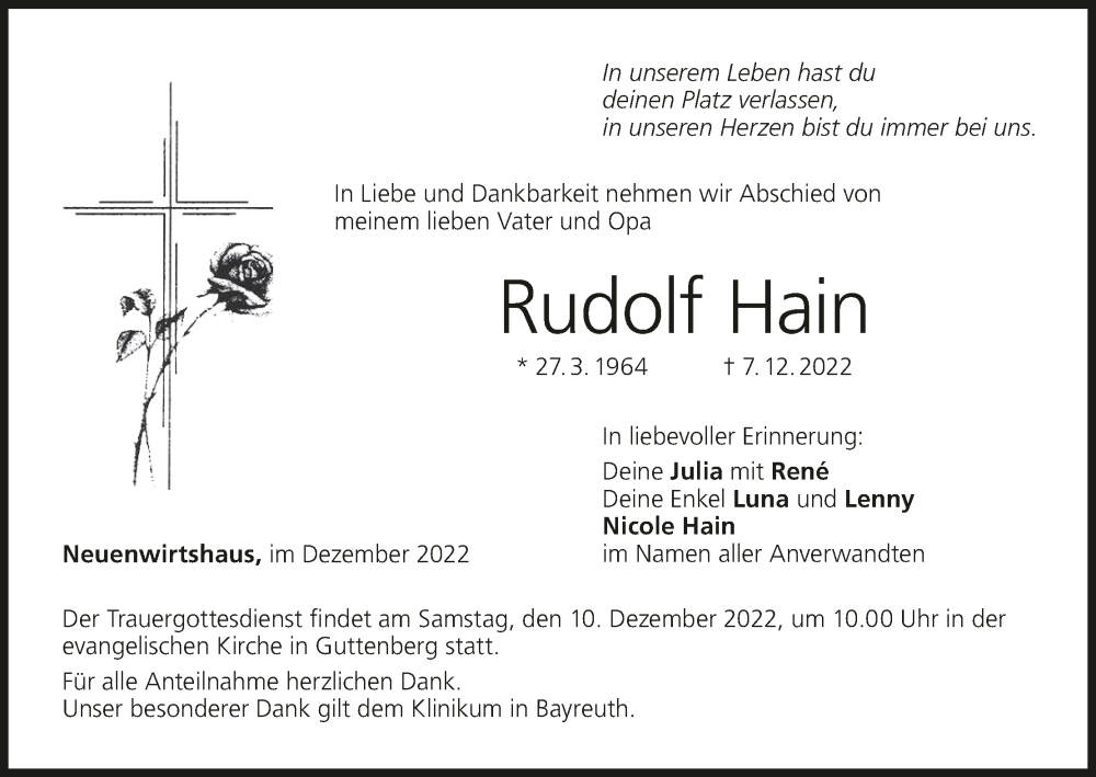  Traueranzeige für Rudolf Hain vom 09.12.2022 aus MGO