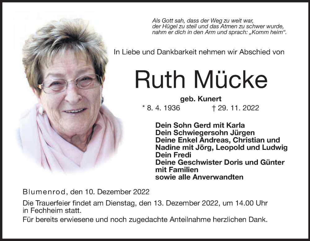  Traueranzeige für Ruth Mücke vom 10.12.2022 aus MGO