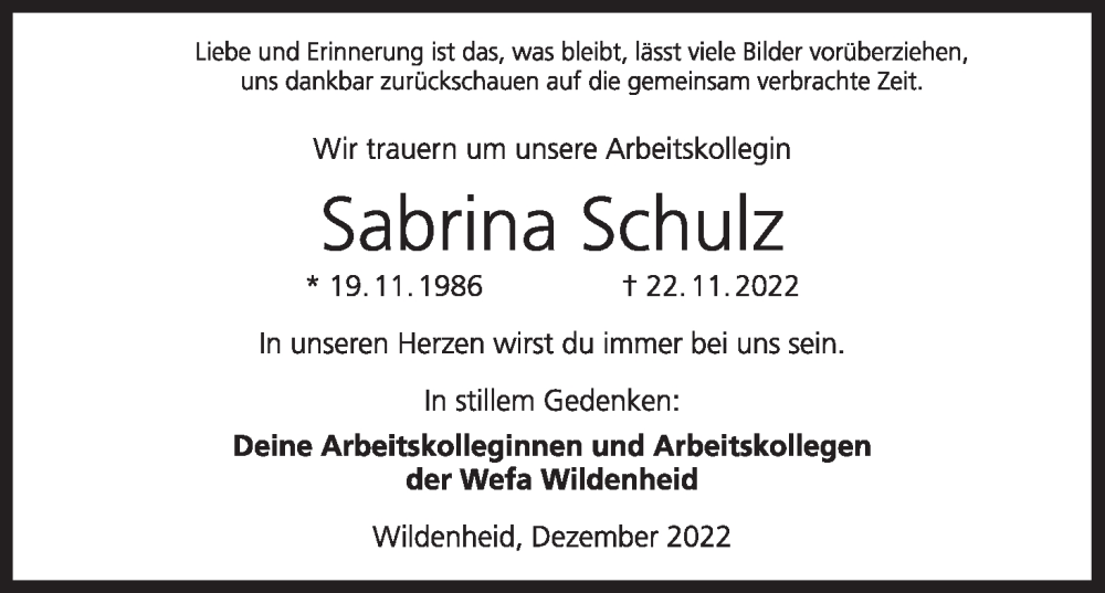  Traueranzeige für Sabrina Schulz vom 03.12.2022 aus MGO