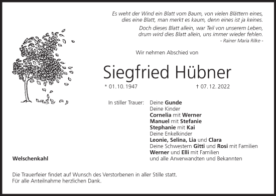 Anzeige von Siegfried Hübner von MGO