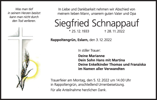 Anzeige von Siegfried Schnappauf von MGO