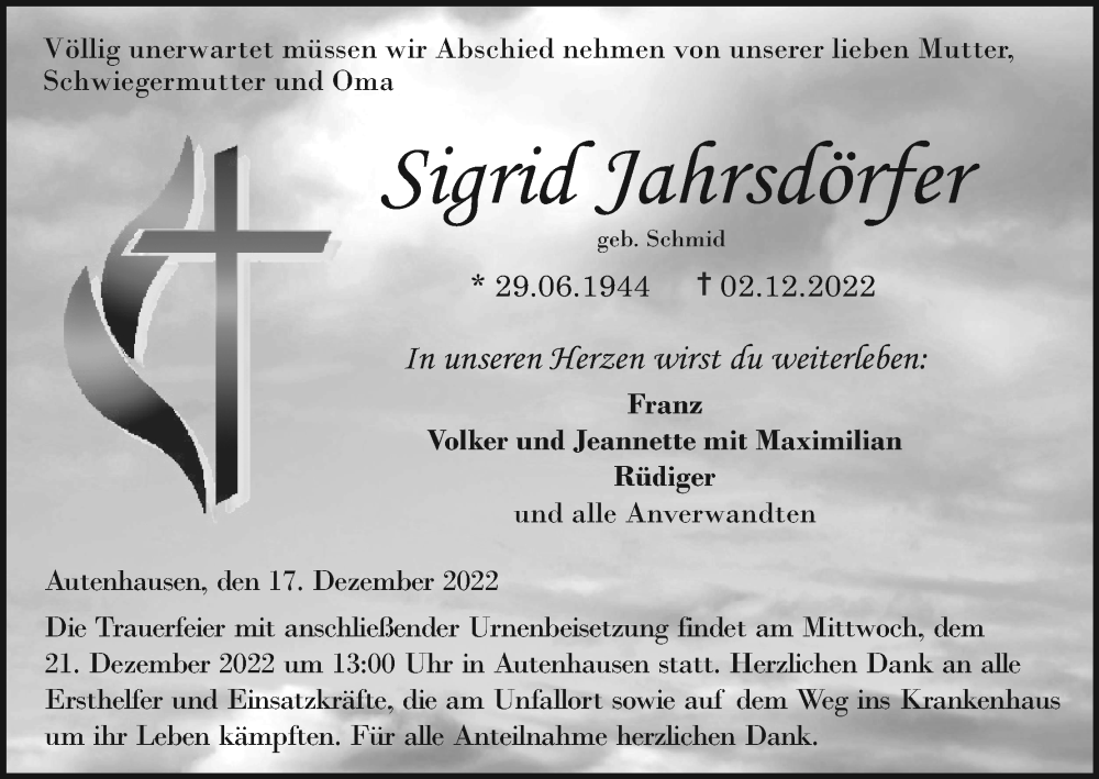  Traueranzeige für Sigrid Jahrsdörfer vom 17.12.2022 aus MGO