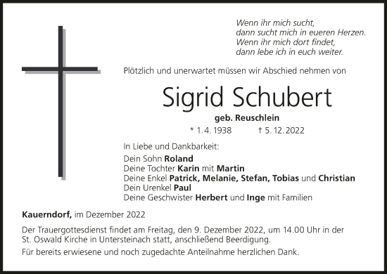 Anzeige von Sigrid Schubert von MGO