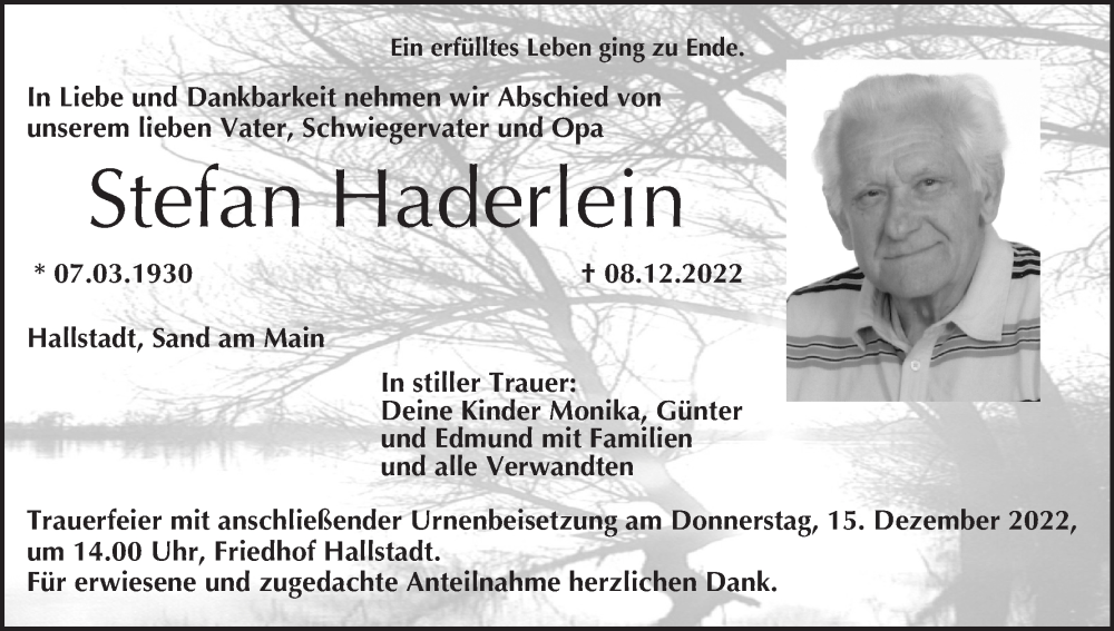  Traueranzeige für Stefan Haderlein vom 13.12.2022 aus MGO