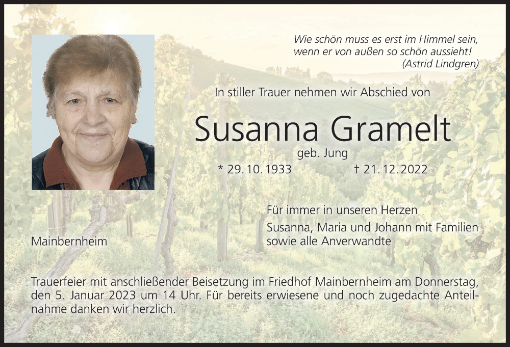  Traueranzeige für Susanna Gramelt vom 31.12.2022 aus MGO