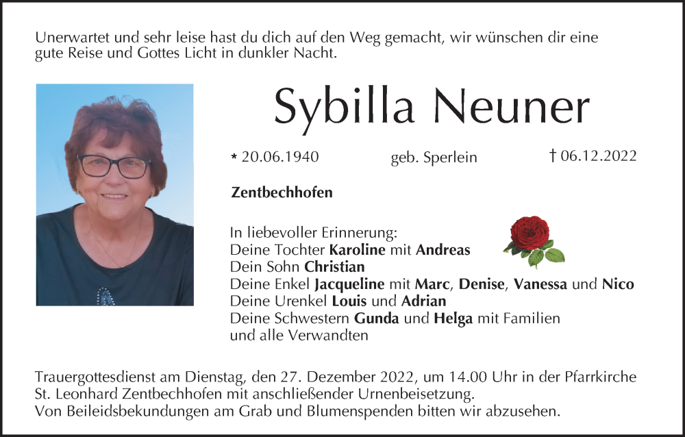  Traueranzeige für Sybilla Neuner vom 23.12.2022 aus MGO