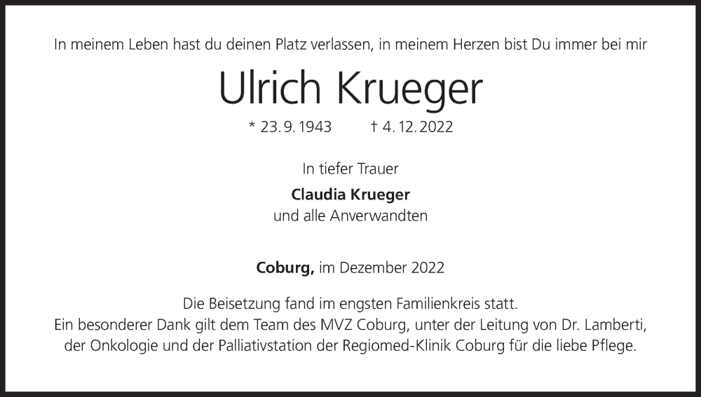  Traueranzeige für Ulrich Krueger vom 17.12.2022 aus MGO