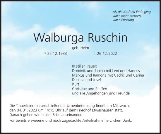 Anzeige von Walburga Ruschin von MGO