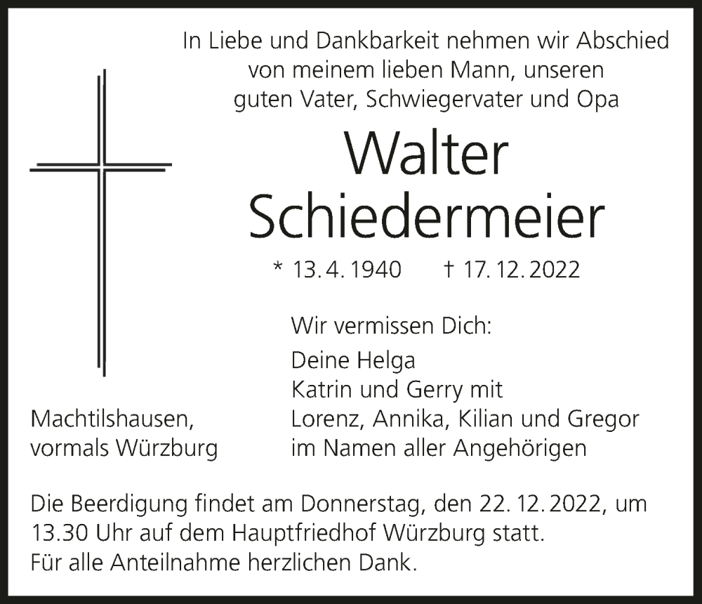 Traueranzeige für Walter Schiedermeier vom 21.12.2022 aus MGO