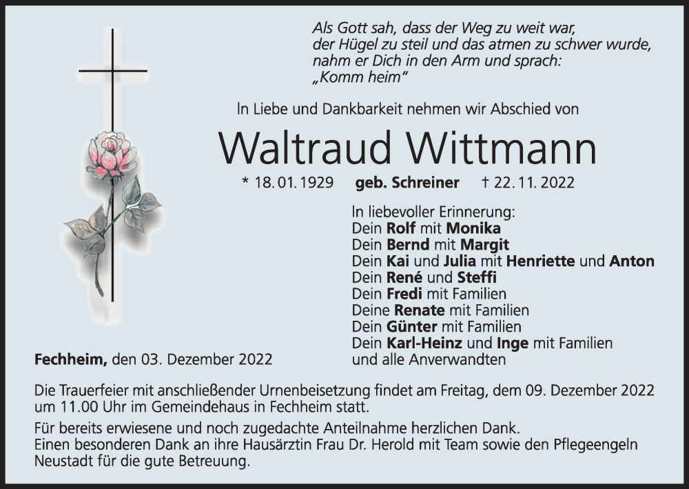  Traueranzeige für Waltraud Wittmann vom 03.12.2022 aus MGO