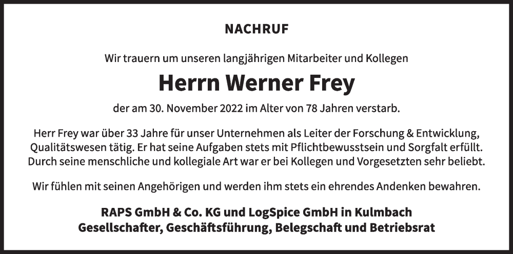 Traueranzeige für Werner Frey vom 03.12.2022 aus MGO