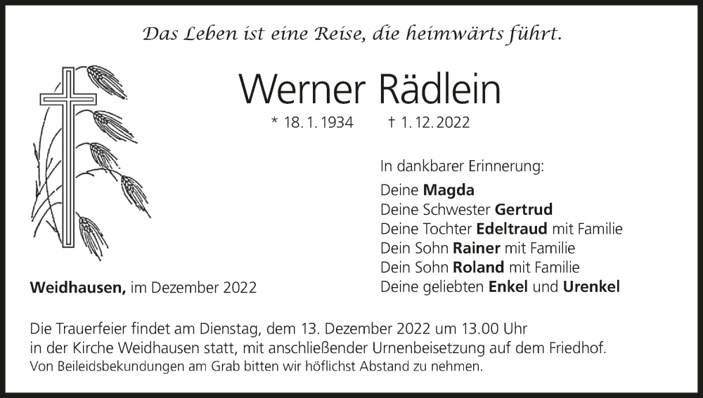  Traueranzeige für Werner Rädlein vom 10.12.2022 aus MGO