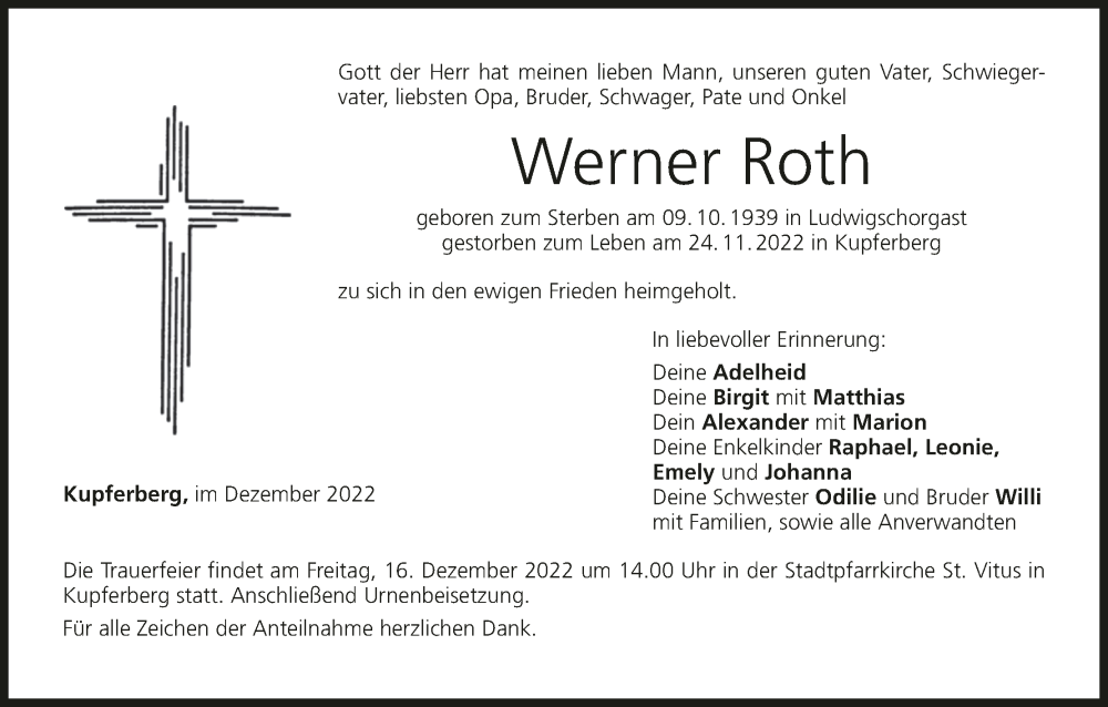  Traueranzeige für Werner Roth vom 14.12.2022 aus MGO