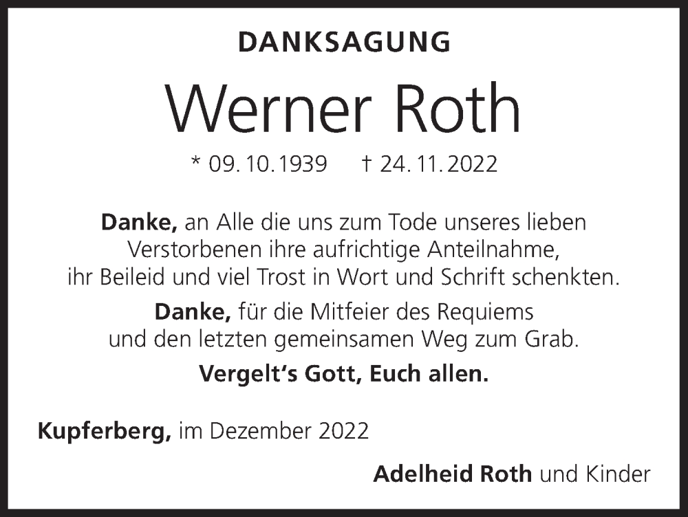  Traueranzeige für Werner Roth vom 24.12.2022 aus MGO
