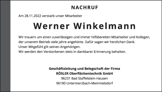 Anzeige von Werner Winkelmann von MGO