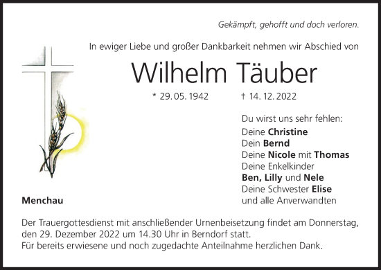 Anzeige von Wilhelm Täuber von MGO