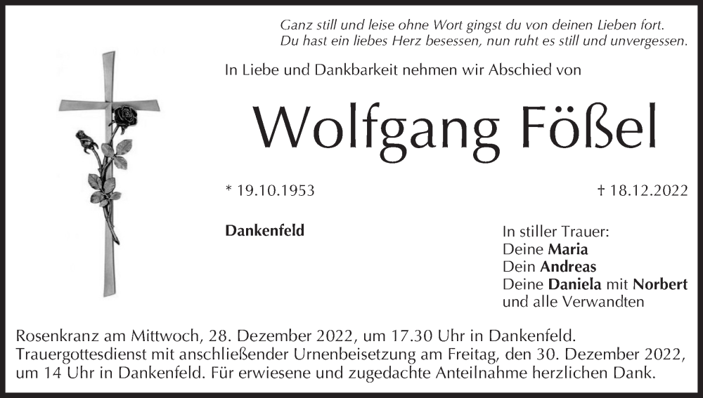 Traueranzeige für Wolfgang Fößel vom 24.12.2022 aus MGO