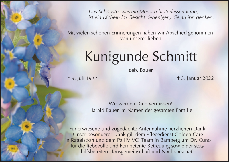  Traueranzeige für Kunigunde Schmitt vom 05.02.2022 aus MGO