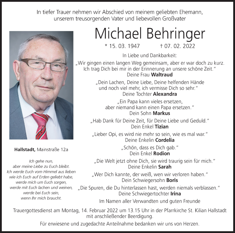  Traueranzeige für Michael Behringer vom 12.02.2022 aus MGO