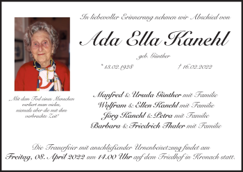 Anzeige von Ada Ella Kanehl von MGO