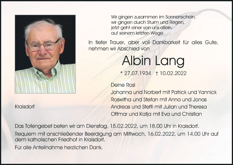  Traueranzeige für Albin Lang vom 15.02.2022 aus MGO