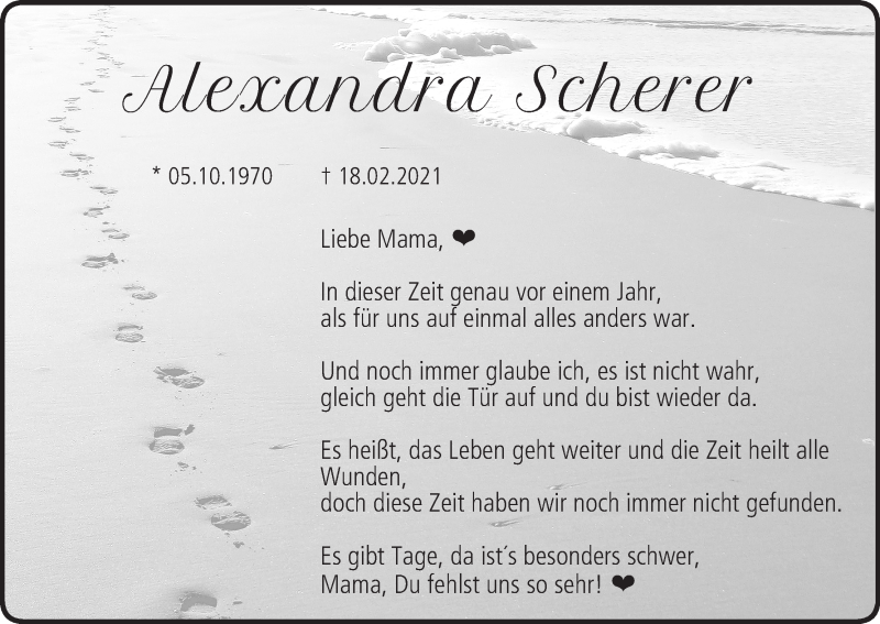  Traueranzeige für Alexandra Scherer vom 19.02.2022 aus MGO