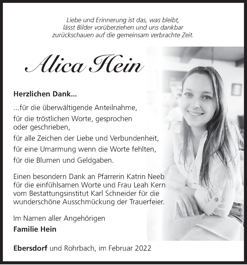  Traueranzeige für Alica Hein vom 26.02.2022 aus MGO