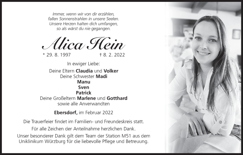  Traueranzeige für Alica Hein vom 12.02.2022 aus MGO