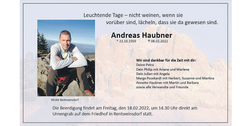  Traueranzeige für Andreas Haubner vom 16.02.2022 aus MGO