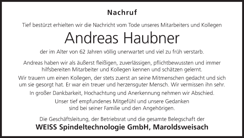  Traueranzeige für Andreas Haubner vom 17.02.2022 aus MGO
