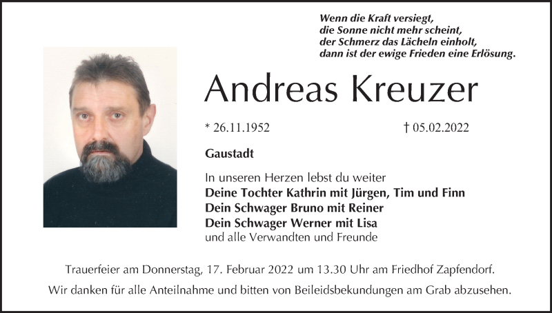  Traueranzeige für Andreas Kreuzer vom 12.02.2022 aus MGO