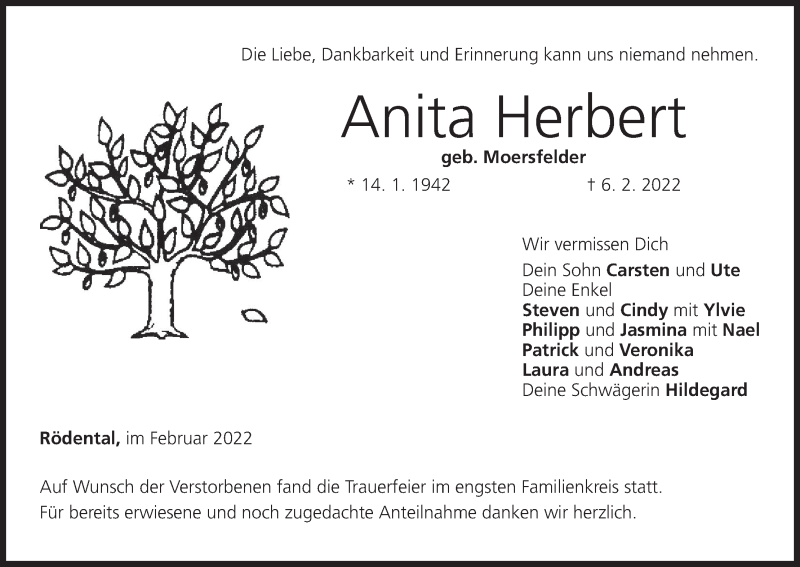  Traueranzeige für Anita Herbert vom 19.02.2022 aus MGO