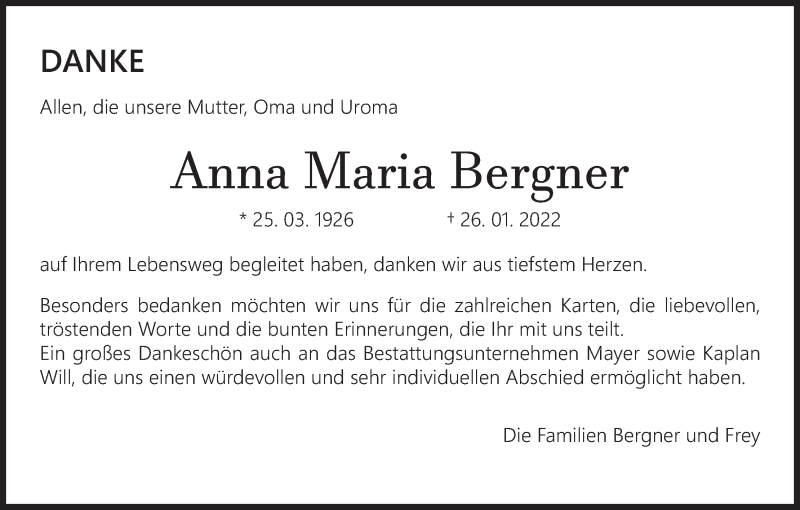  Traueranzeige für Anna Maria Bergner vom 12.02.2022 aus MGO