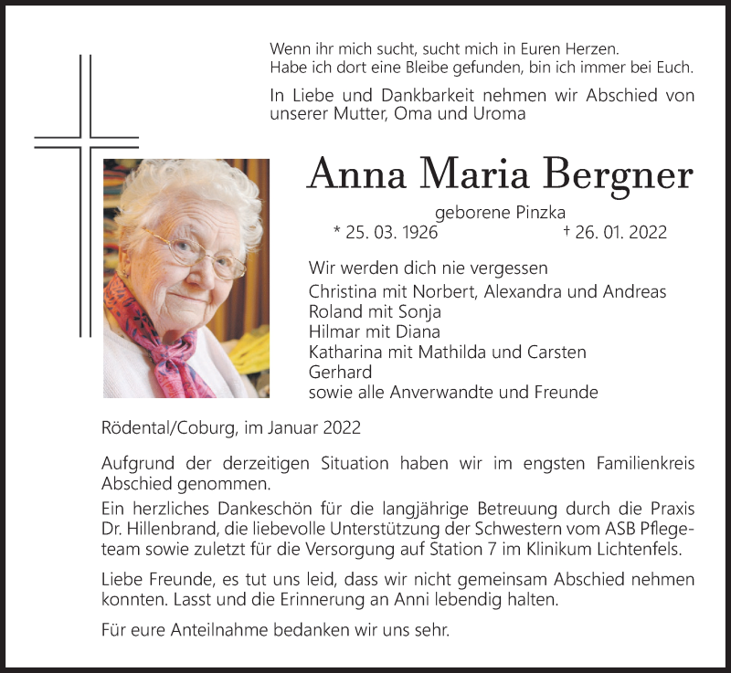  Traueranzeige für Anna Maria Bergner vom 05.02.2022 aus MGO