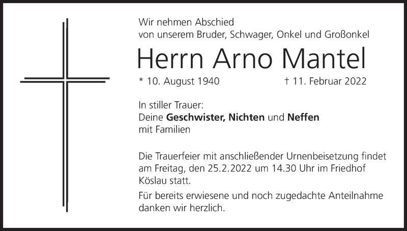 Traueranzeige für Arno Mantel vom 23.02.2022 aus MGO