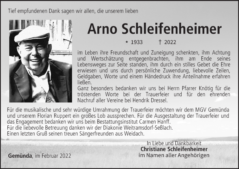  Traueranzeige für Arno Schleifenheimer vom 26.02.2022 aus MGO