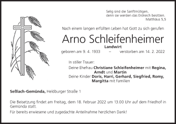 Anzeige von Arno Schleifenheimer von MGO