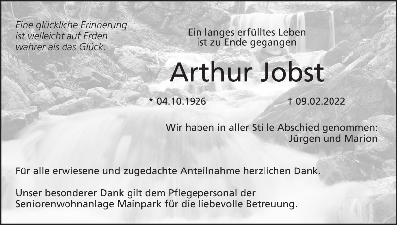  Traueranzeige für Arthur Jobst vom 26.02.2022 aus MGO