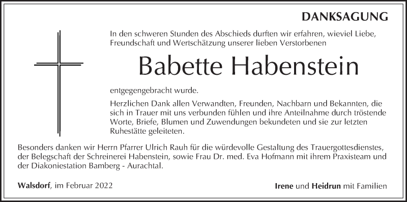  Traueranzeige für Babette Habenstein vom 26.02.2022 aus MGO
