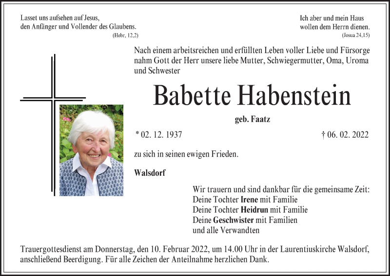  Traueranzeige für Babette Habenstein vom 08.02.2022 aus MGO