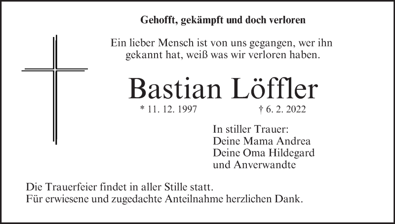  Traueranzeige für Bastian Löffler vom 26.02.2022 aus MGO
