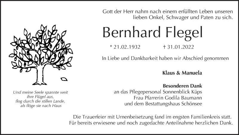  Traueranzeige für Bernhard Flegel vom 19.02.2022 aus MGO