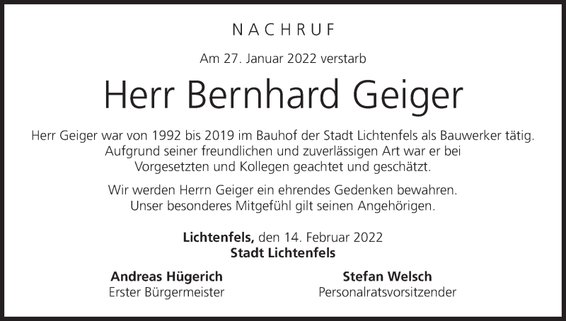  Traueranzeige für Bernhard Geiger vom 15.02.2022 aus MGO